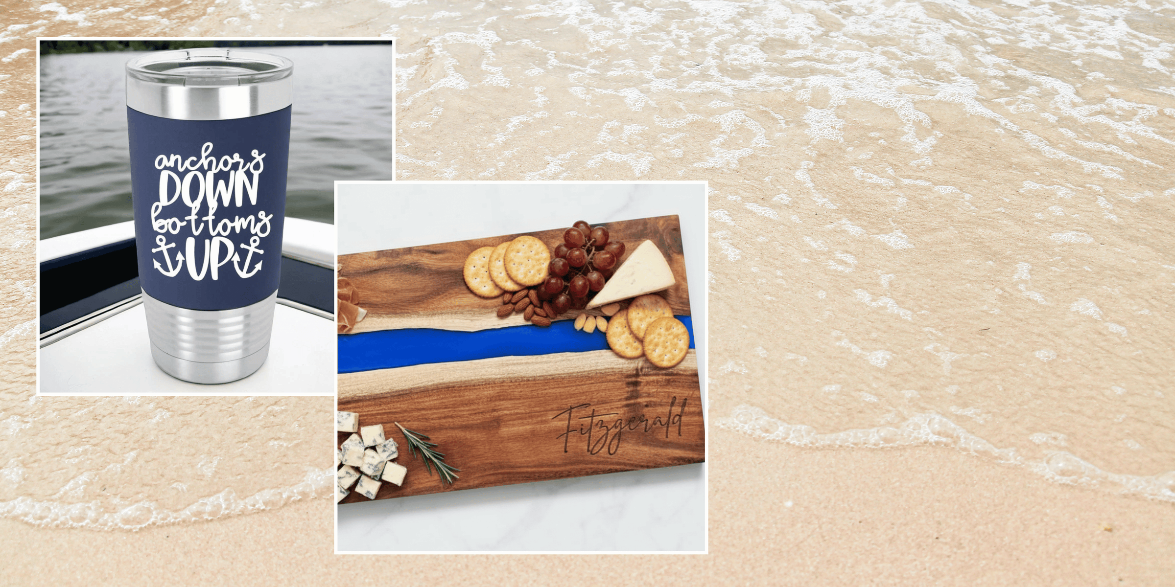 Summer best sellers - navy blue tumbler with white engraved text that reads 'anchors down bottoms up' and a blue resin and acacia charcuterie board with script name engraved