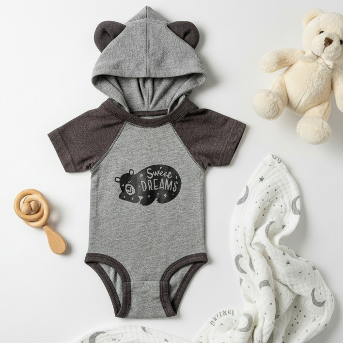 A baby hooded bodysuit with bear ears, short dark brown rag sleeves, and a black bear graphic that reads &