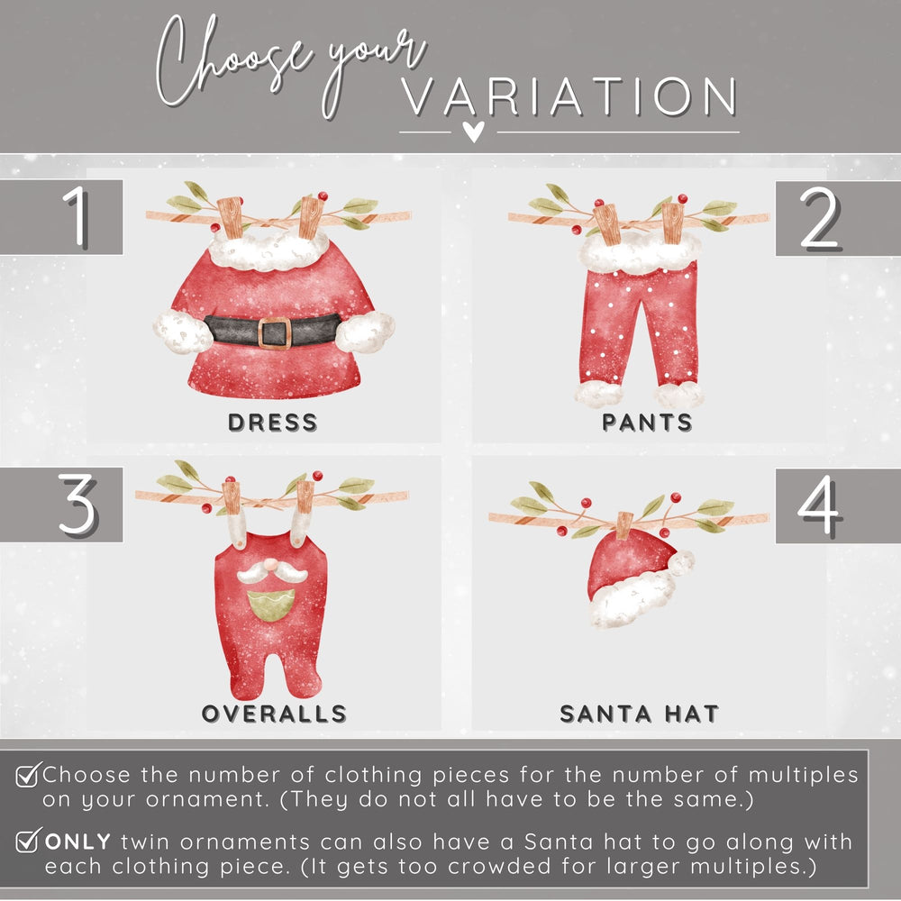 Product selection graphic for Christmas-themed clothing items with options for 1 dress, 2 pants, 3 overalls, and 4 Santa hat. Choose the number of clothing pieces for the number of multiples on your ornament. They do not have to be all the same. 