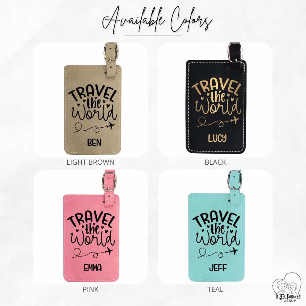 Four luggage tags with 'Travel the World' text in different colors on a white background.