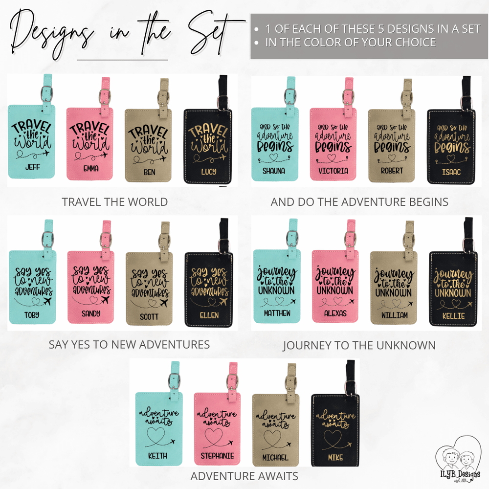 Collection of colorful luggage tags with various designs and text.
