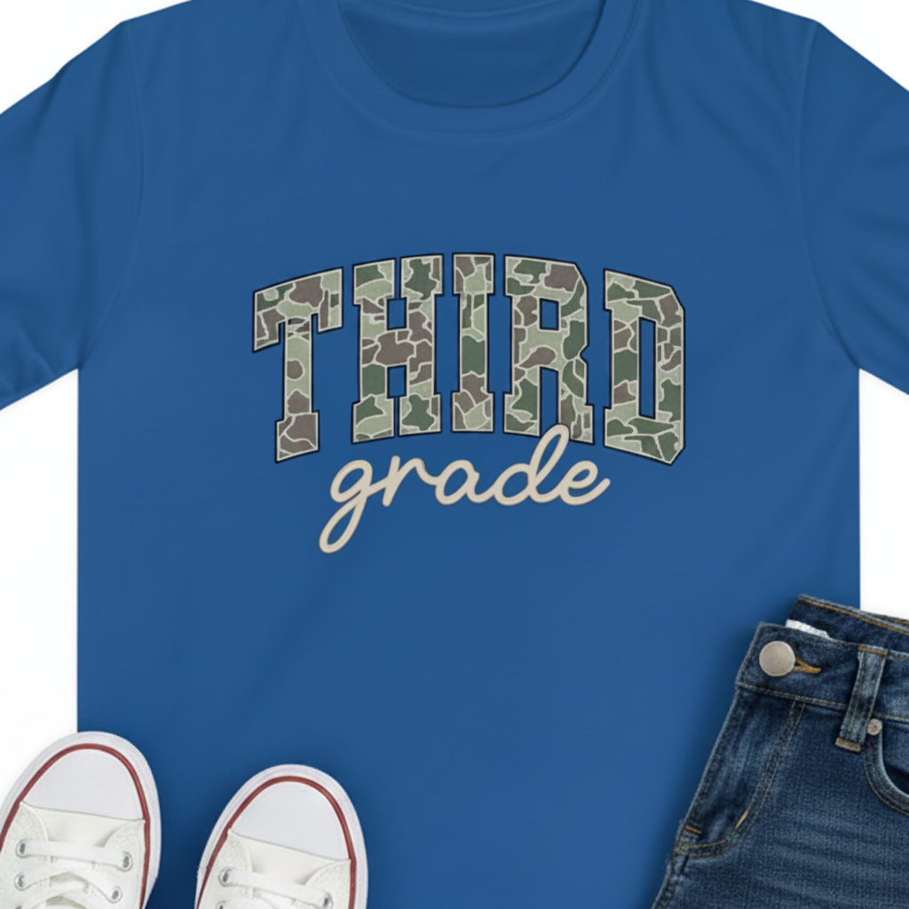 A royal blue t-shirt laid flat on a light beige surface, featuring the words 'THIRD grade' printed across the chest. The letters in 'THIRD' are filled with a green and gray camouflage pattern, while 'grade' is in tan cursive script.
