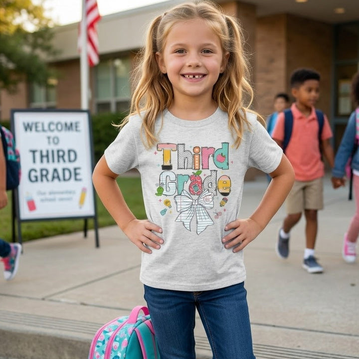 A young girl stands outside a school building wearing a light gray graphic T-shirt that says 'Third Grade' with colorful balloons and a bow, blue jeans, and a pink and teal backpack. Other children and a 'Welcome to Third Grade' sign are visible in the background.