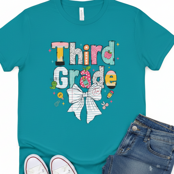 A teal short-sleeve graphic T-shirt laid flat with styled props including blue jeans, white sneakers, and a small pencil. The shirt features a colorful 'Third Grade' school-themed graphic with a large white bow illustration.