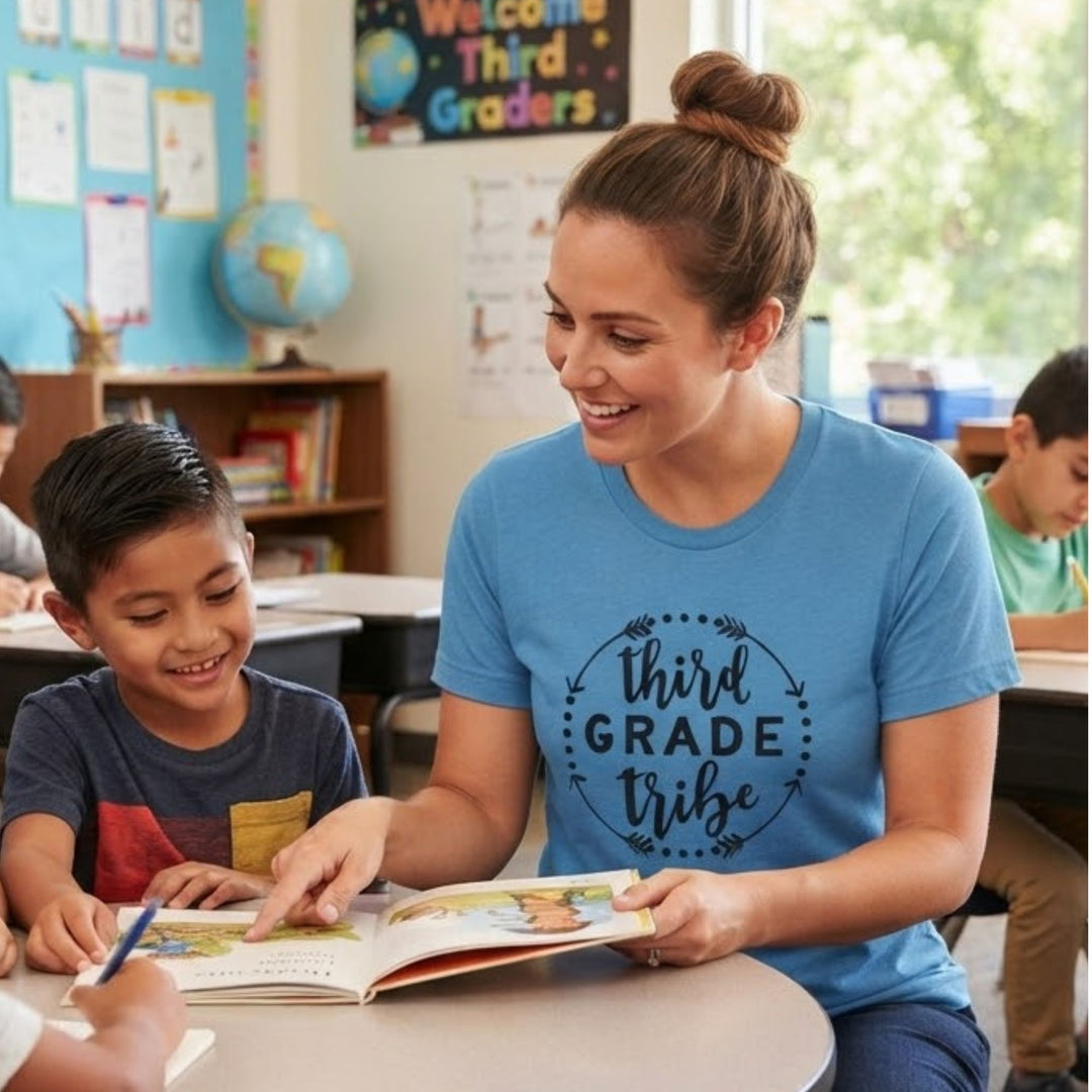 A woman smiling in a classroom, wearing a blue t-shirt with a black graphic that reads 'third GRADE tribe'.
