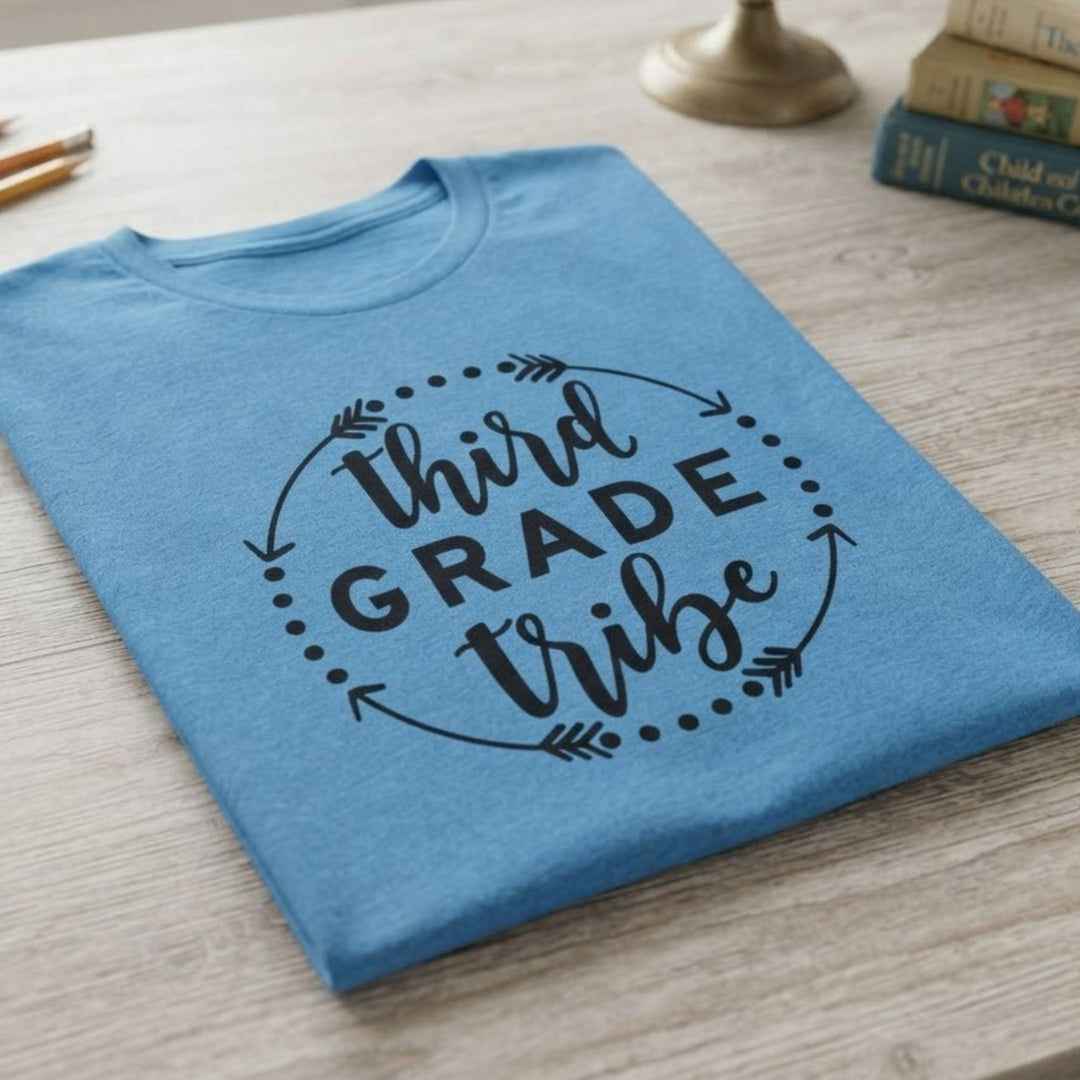 A folded light blue t-shirt with a black graphic reading 'third grade tribe' inside a dotted circle and arrow design, displayed on a light wood tabletop with books and a lamp in the background.