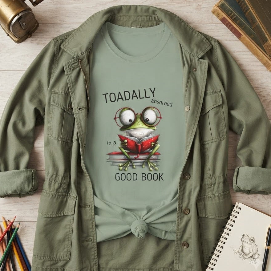 An olive green button-up shirt jacket styled over a sage green graphic t-shirt featuring a cartoon frog reading a red book with the text 'TOADALLY absorbed! in a GOOD BOOK'. The outfit is arranged in a flat lay on a light wood background with a vintage brass pump, books, colored pencils, and a sketch notebook.