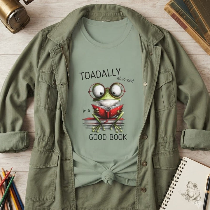 An olive green button-up shirt jacket styled over a sage green graphic t-shirt featuring a cartoon frog reading a red book with the text 'TOADALLY absorbed! in a GOOD BOOK'. The outfit is arranged in a flat lay on a light wood background with a vintage brass pump, books, colored pencils, and a sketch notebook.