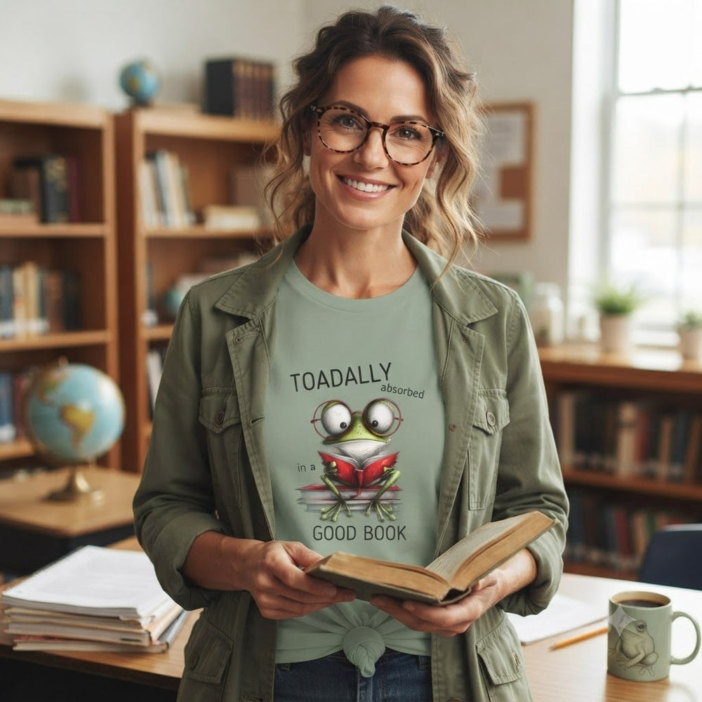 A woman in a library or study setting, wearing a sage green graphic t-shirt under an olive green jacket. The t-shirt features a cartoon frog wearing glasses and reading a red book, with the text 'TOADALLY absorbed in a GOOD BOOK'.