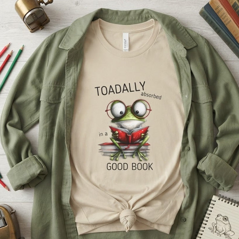 A beige graphic T-shirt featuring a cartoon frog wearing glasses and reading a red book, with the text 'TOADALLY absorbed in a GOOD BOOK'. The shirt is styled in a flat lay with an olive green button-up overshirt, surrounded by pencils, a vintage camera, books, a notebook, and a mug on a light wood background.