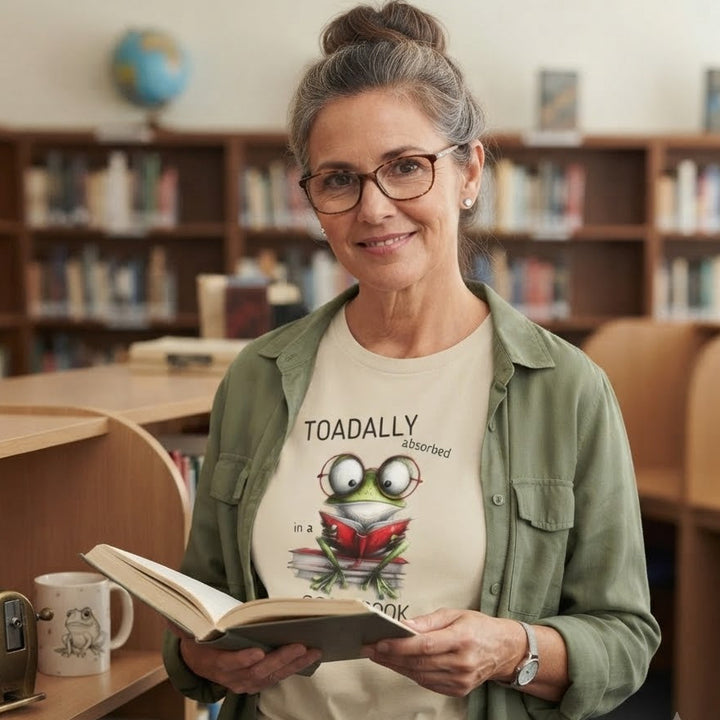 A woman with glasses and her hair in a bun stands in a library holding an open book. She is wearing a cream graphic t-shirt with a cartoon frog and the text 'TOADALLY absorbed in a good book', layered under an olive green button-up shirt.