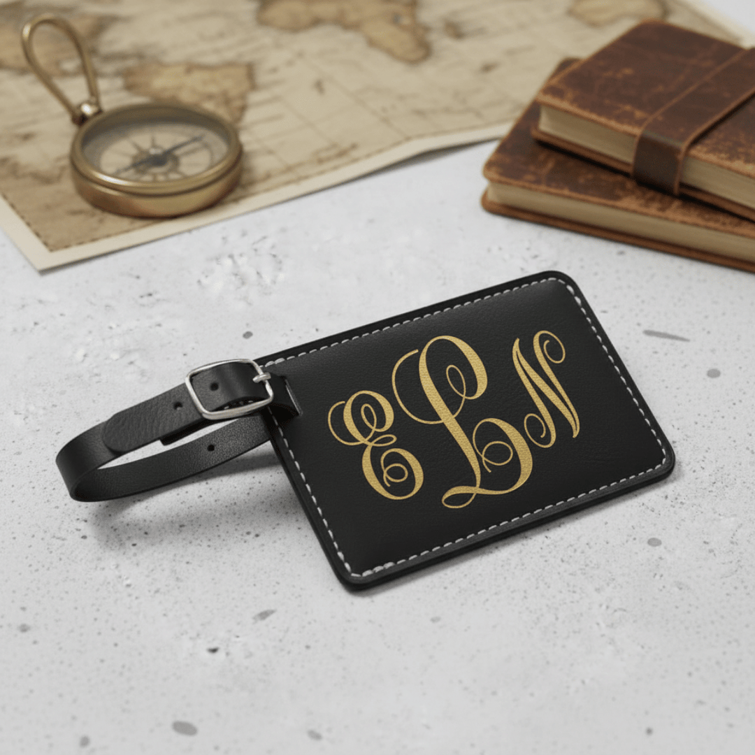 Black luggage tag with gold monogram on a textured surface with books and a compass.