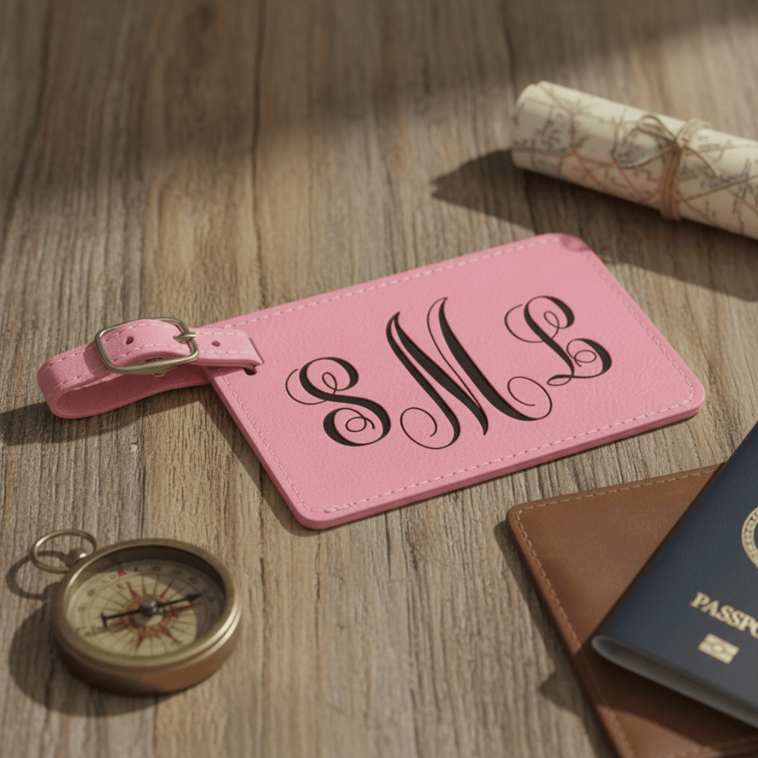 Pink luggage tag with black engraved monogram on a wooden surface with travel items.
