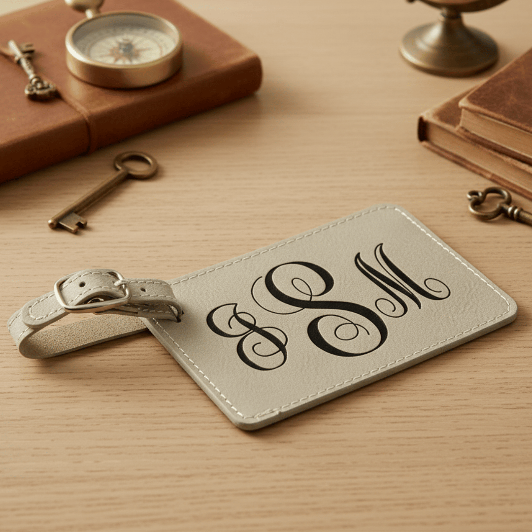 Light brown leather luggage tag with black engraved monogram on a wooden surface with books and keys.