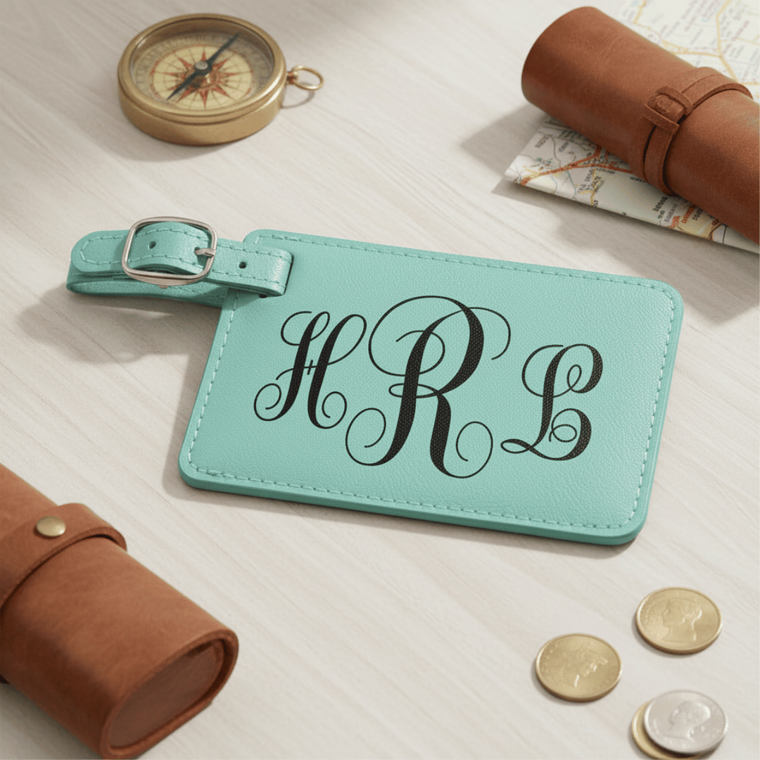 Mint green luggage tag with 'HRL' monogram on a light wooden surface with travel items.