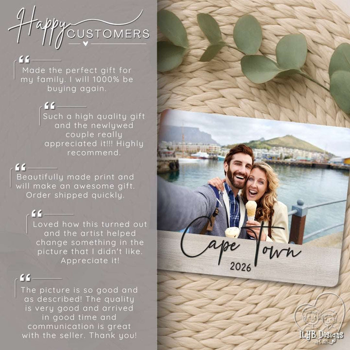 Photo board with a couple in Cape Town, 2026, and customer testimonials on a textured surface.