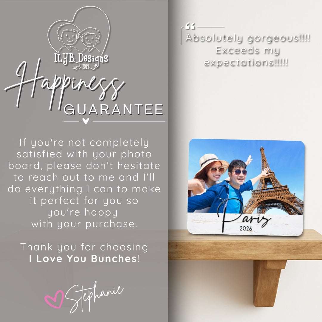 Photo board with 'Paris 2026' text on a wooden shelf, with promotional text and branding on the side.