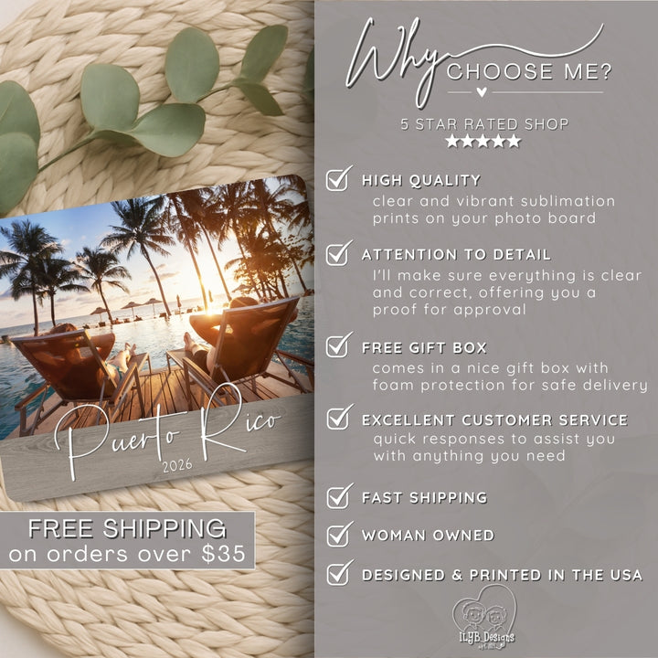 Promotional graphic for a photo board with palm trees and lounge chairs, featuring text about product features and services.