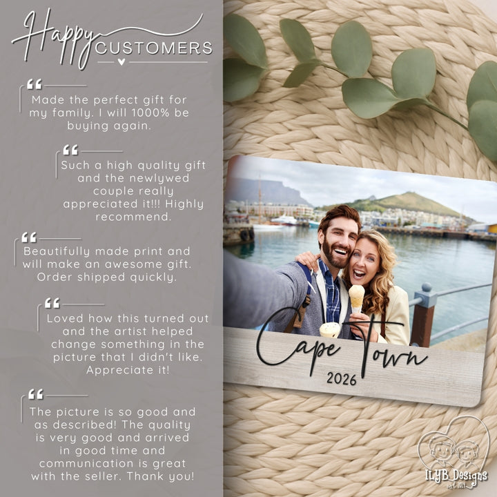 Photo board with a couple in Cape Town, 2026, and customer testimonials on a textured surface.