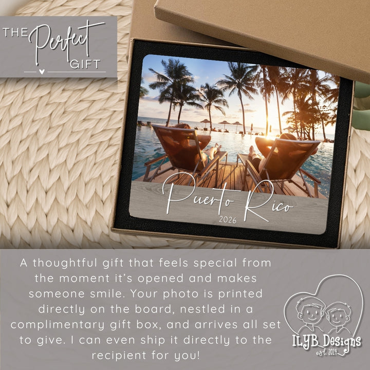 Photo board with Puerto Rico scene and promotional text for a gift.