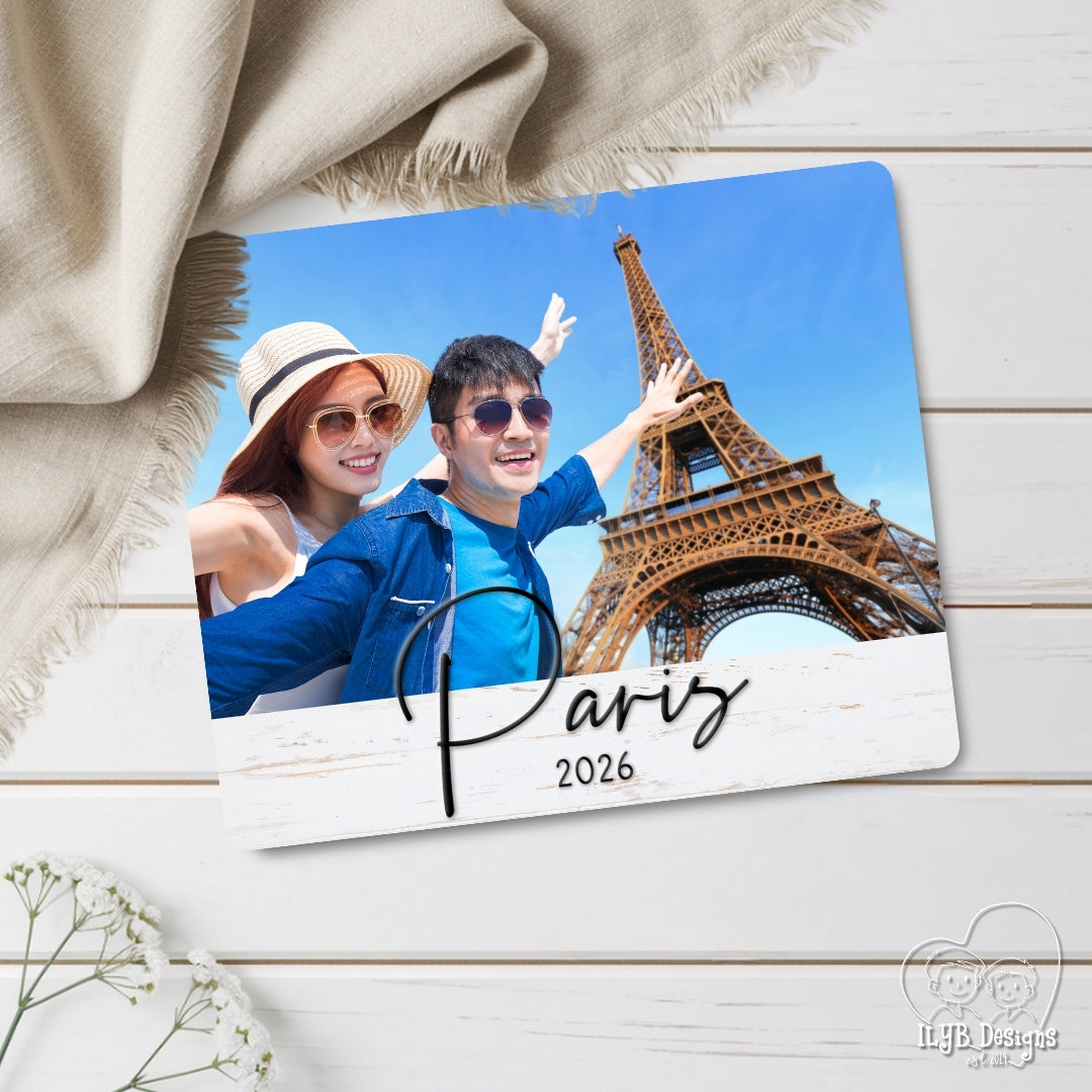 Personalized photo plaque with a couple in front of the Eiffel Tower and 'Paris 2026' text.