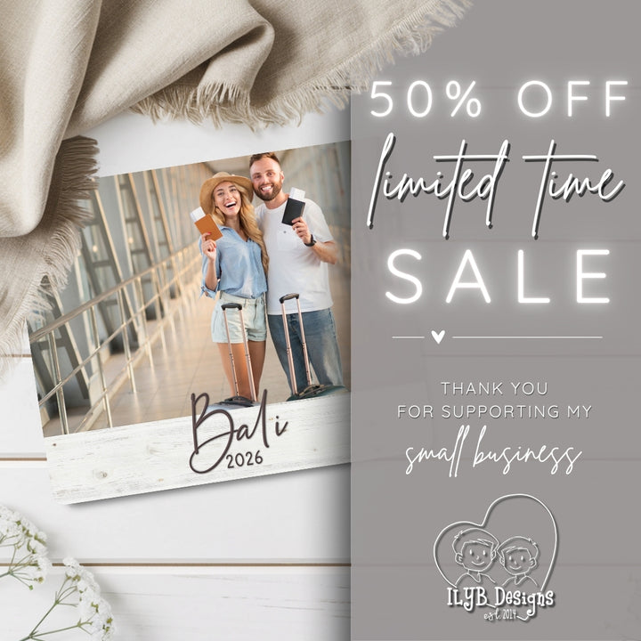 Promotional graphic with a couple in Bali, 2026, and a sale offer on a light gray background.