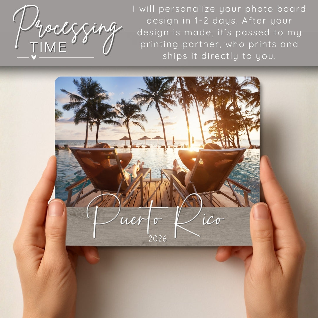 Personalized photo board with a tropical scene and 'Puerto Rico 2026' text, held by hands.