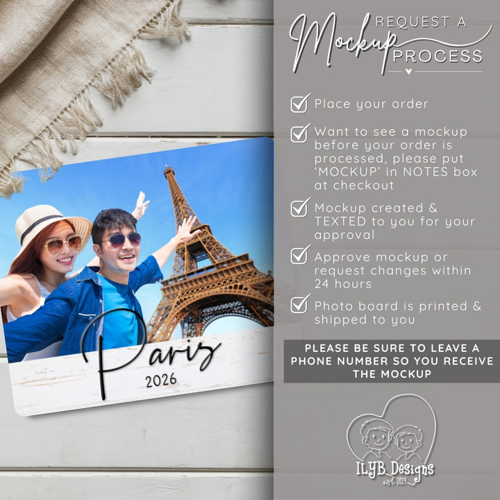 Request a mockup process for a photo board with a couple in front of the Eiffel Tower.