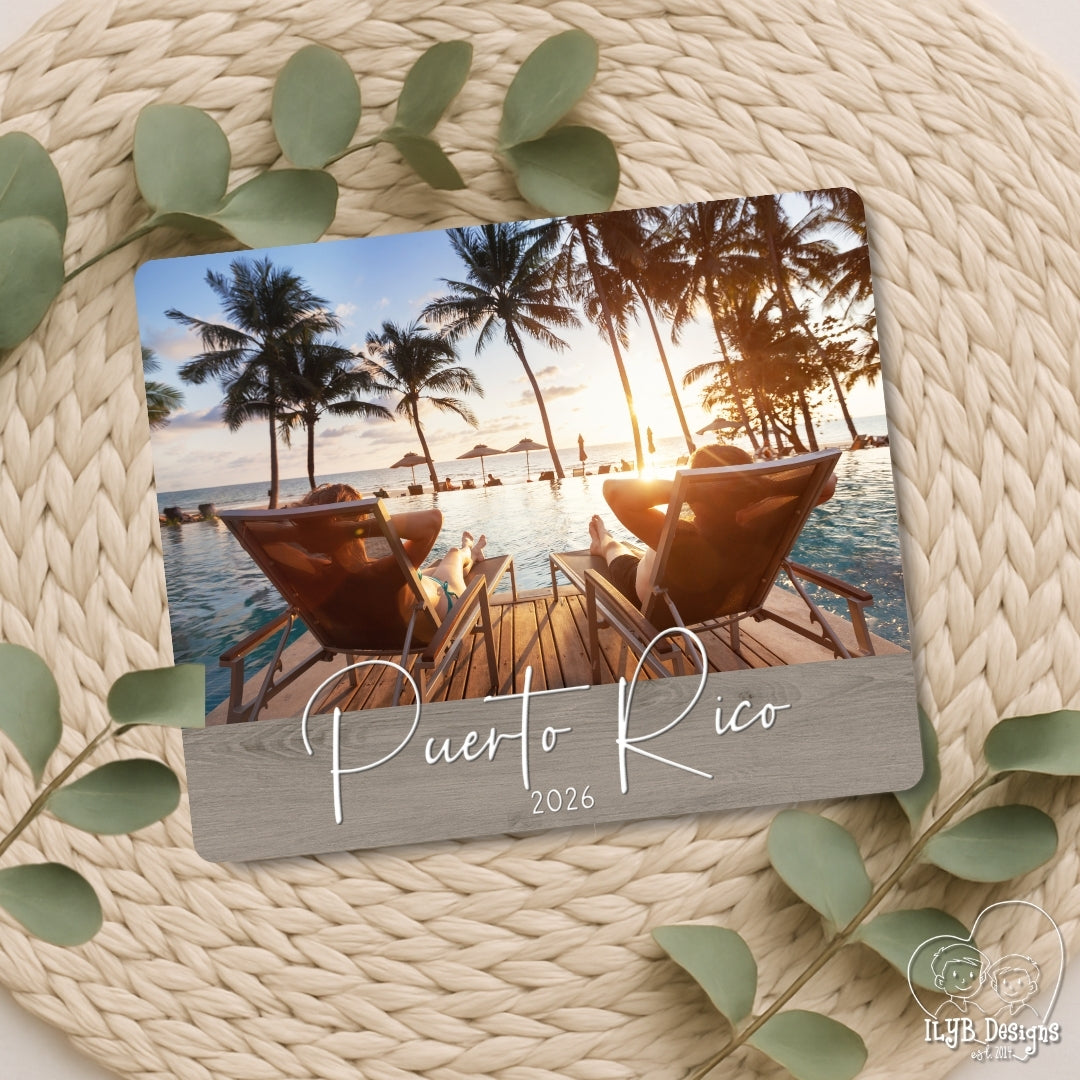 Photo plaque with 'Puerto Rico 2026' text on a woven surface with palm tree and beach background.