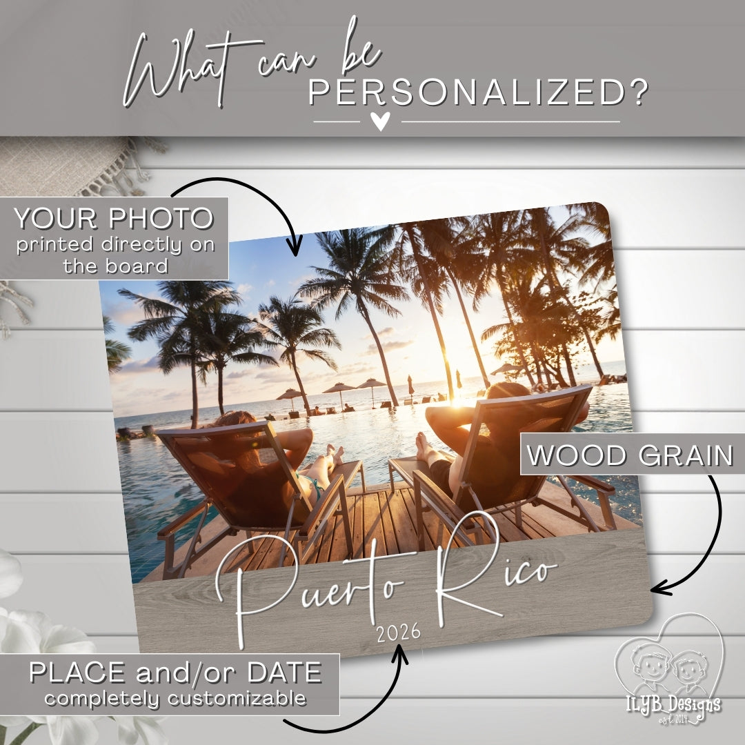 Personalized photo board with wooden texture and 'Puerto Rico 2026' text, showing a sunset over palm trees and people on lounge chairs.