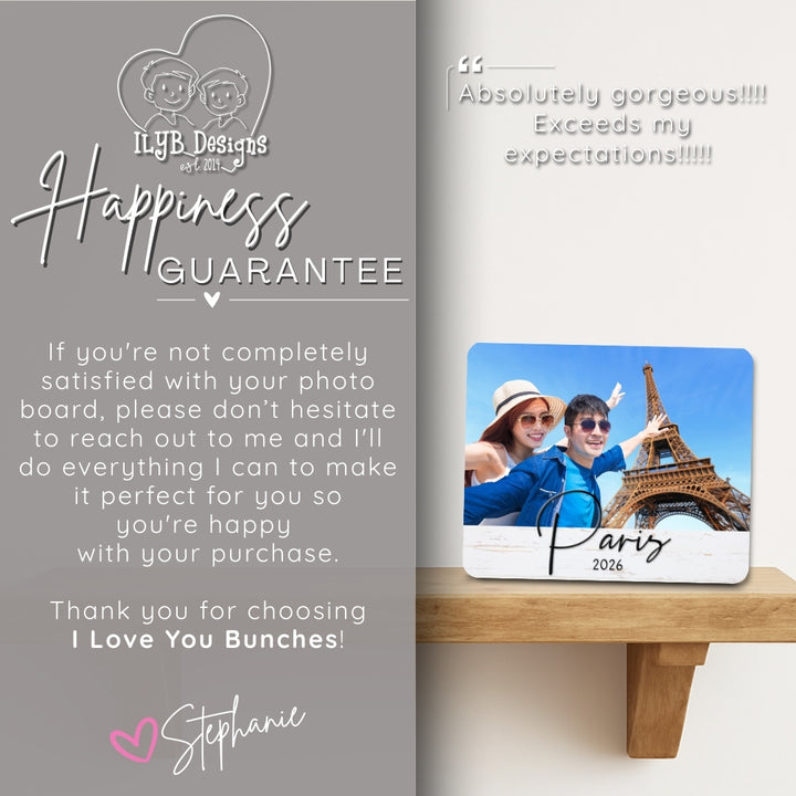 Photo board with 'Paris 2026' text on a wooden shelf, with promotional text and branding on the side.