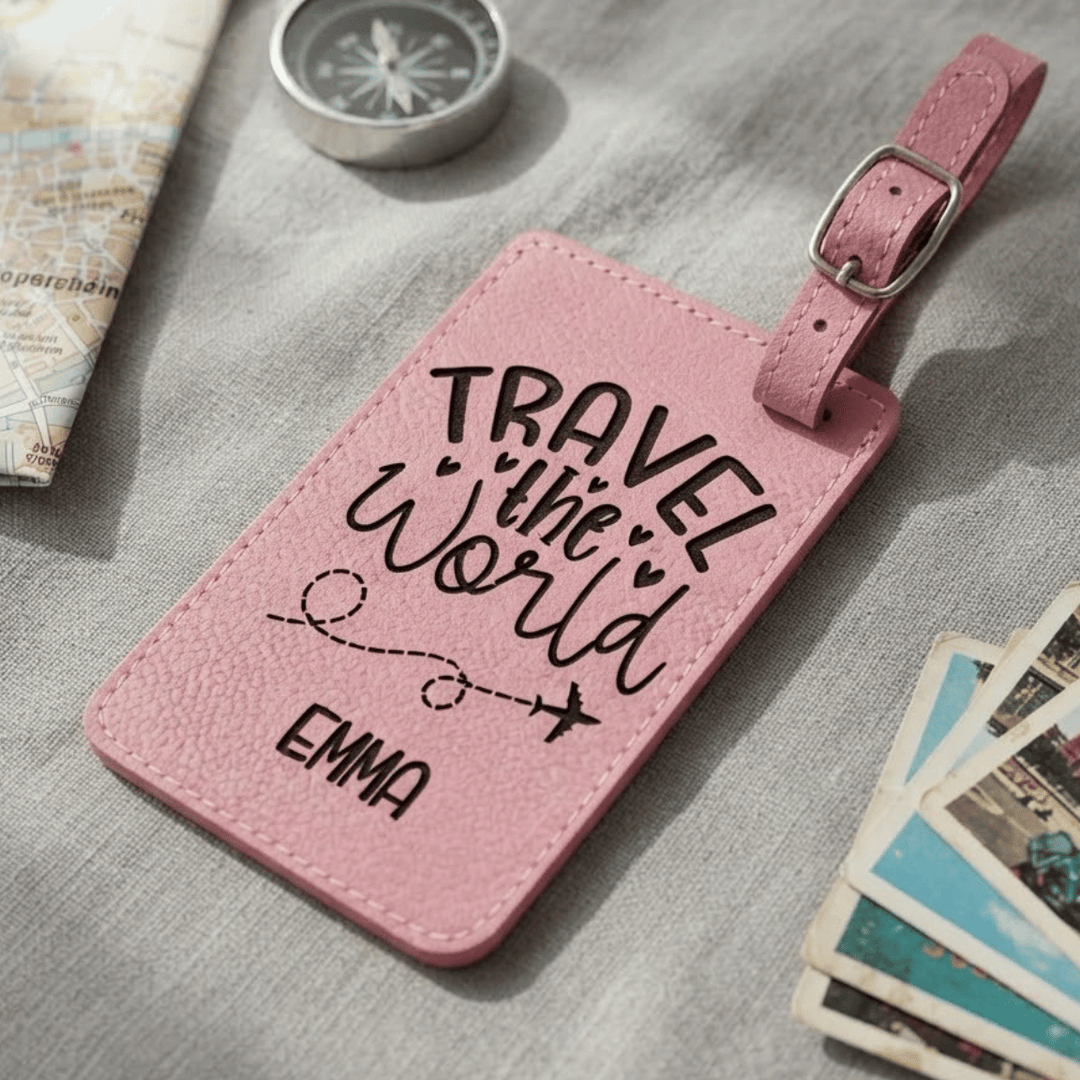 Travel the World Personalized Luggage Tag | Laser Engraved Leatherette Wedding Favor Travel Gift