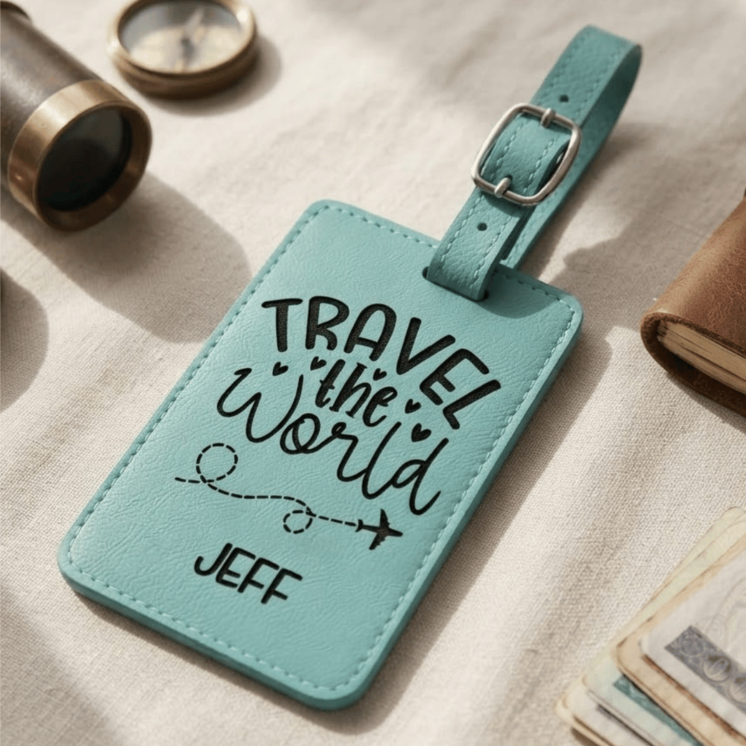Travel the World Personalized Luggage Tag | Laser Engraved Leatherette Wedding Favor Travel Gift