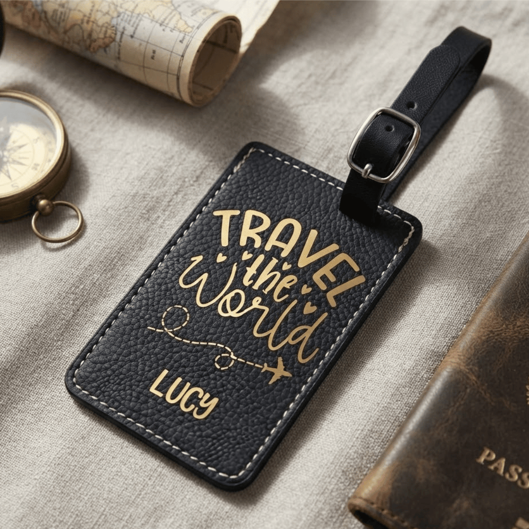 Travel the World Personalized Luggage Tag | Laser Engraved Leatherette Wedding Favor Travel Gift