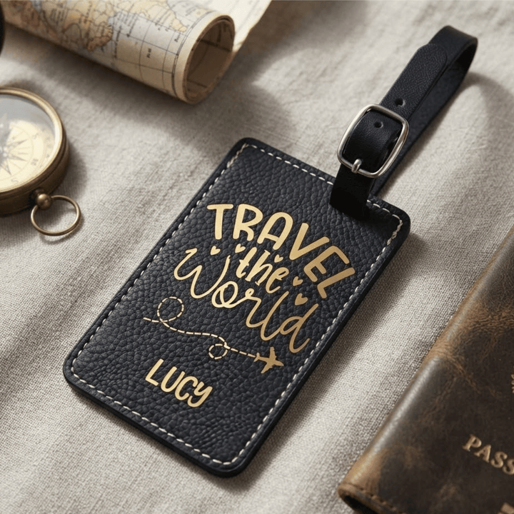 Travel the World Personalized Luggage Tag | Laser Engraved Leatherette Wedding Favor Travel Gift