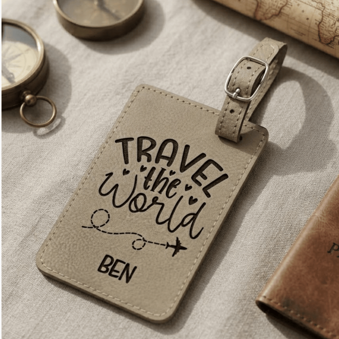 Travel the World Personalized Luggage Tag | Laser Engraved Leatherette Wedding Favor Travel Gift