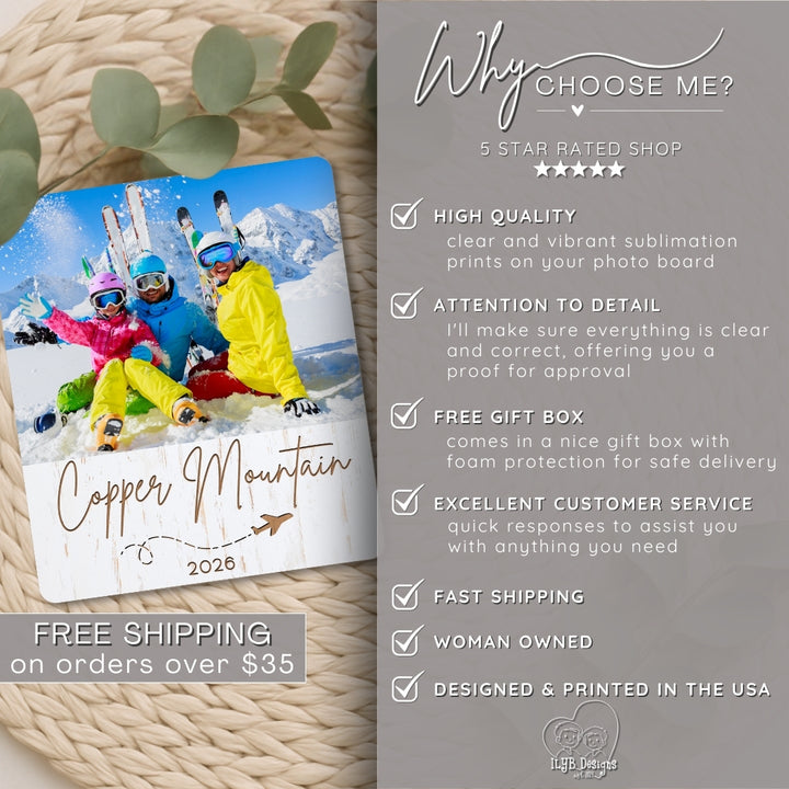 Promotional graphic for a photo board with skiing family image and product features on a gray background.