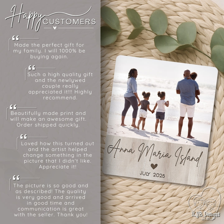 Personalized photo plaque with family on a beach, surrounded by greenery, with customer testimonials on a textured surface.
