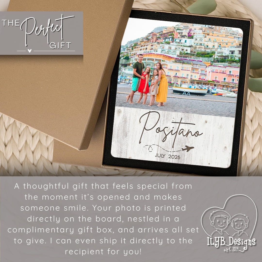 Framed photo of a family in Positano with promotional text about a gift service.