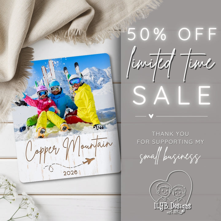 Promotional graphic for a photo board with Copper Mountain 2026 with skiing scene and sale text on a wooden surface.