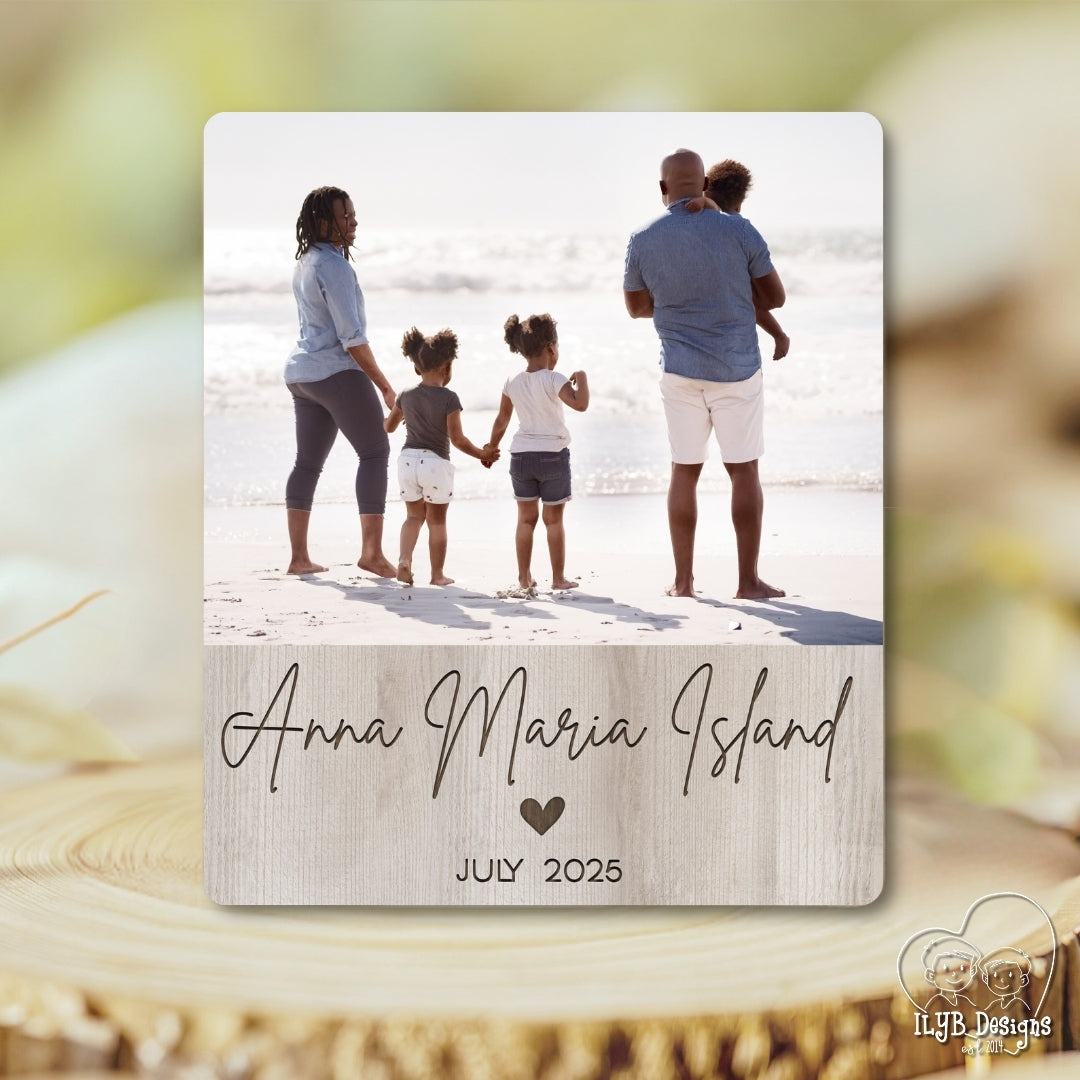 Family photo on a beach with 'Anna Maria Island' text overlay