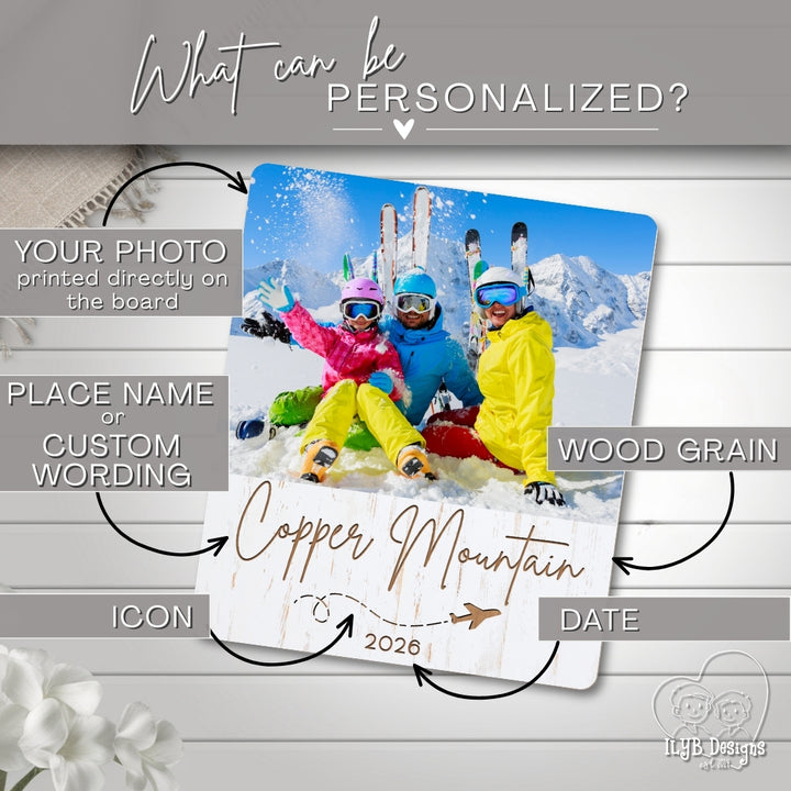 Personalization options for a photo board with a snowy scene and text.