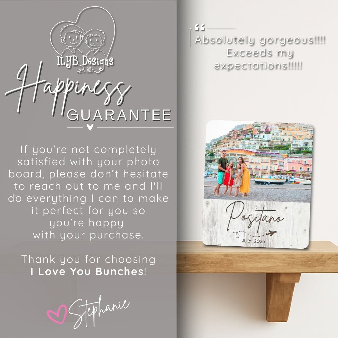 Photo board with a scenic print on a wooden surface, accompanied by promotional text for I Love You Bunches.