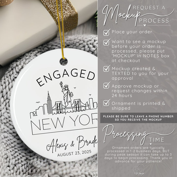 How to request a mockup to be sent to you before your ornament is printed. Place your order and put the word MOCKUP in the notes box. A mockup will be created and texted to you for approval. Approve mockup or request changes within 24 hours. Ornament is printed and shipped. Please be sure to leave a phone number so you receive the mockup. Ornament orders are typically processed in 1-2 business days. During peak season it can take up to 3 days to begin processing.