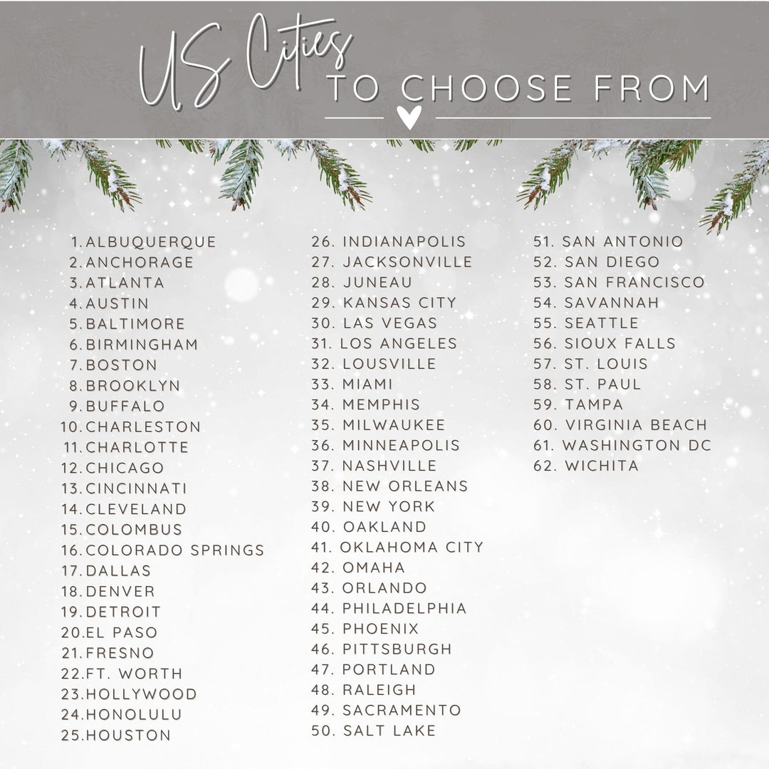List of 62 US cities to choose from on a snowy background with tree branches.