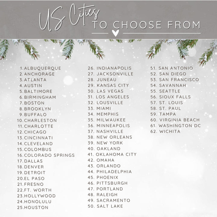 List of 62 US cities to choose from on a snowy background with tree branches.