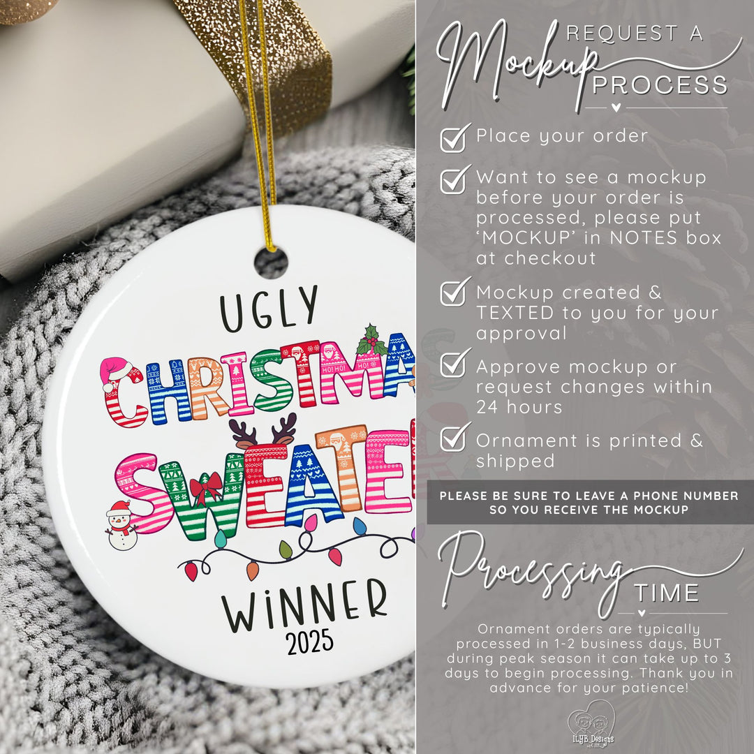Ugly Christmas Sweater Winner Ornament Personalized | Ugly Sweater Letters Prize Gift Ornament