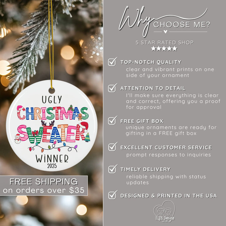 Ugly Christmas Sweater Winner Ornament Personalized | Ugly Sweater Letters Prize Gift Ornament