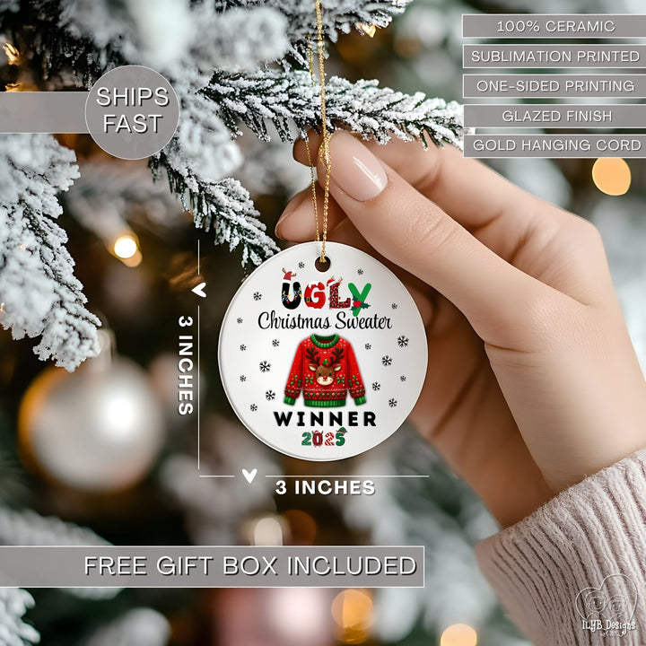 Ugly Christmas Sweater Winner Ornament Personalized | Funny Prize Gift Ornament
