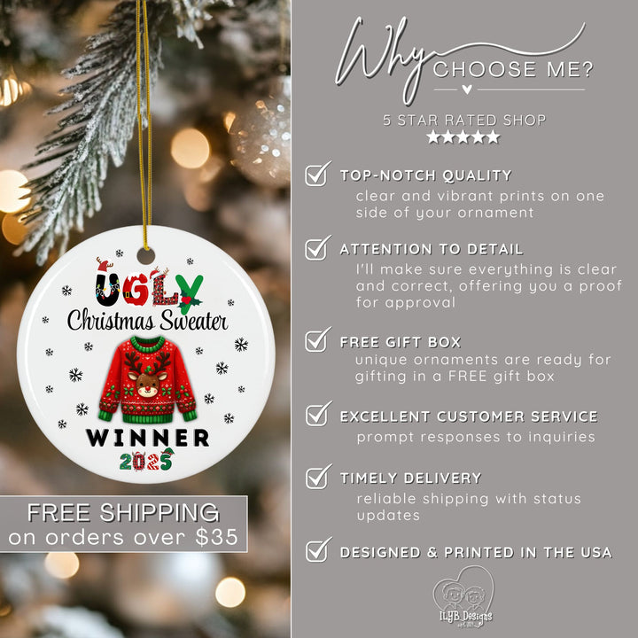 Ugly Christmas Sweater Winner Ornament Personalized | Funny Prize Gift Ornament